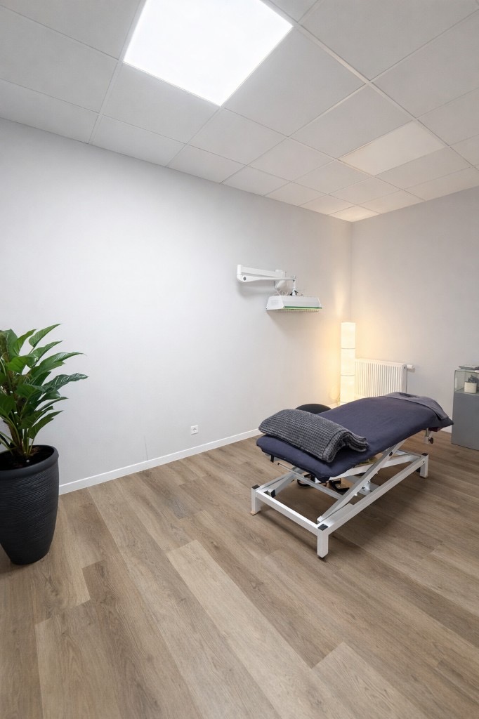 Moderner Behandlungsraum mit Pflanze und Liege (warm beleuchtet)